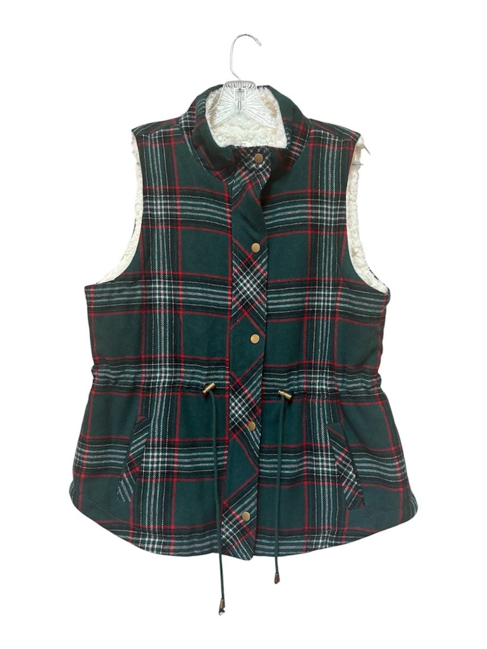 Maurices L Green Plaid Sherpa Lined Utility Vest Tartan Cinch Waist